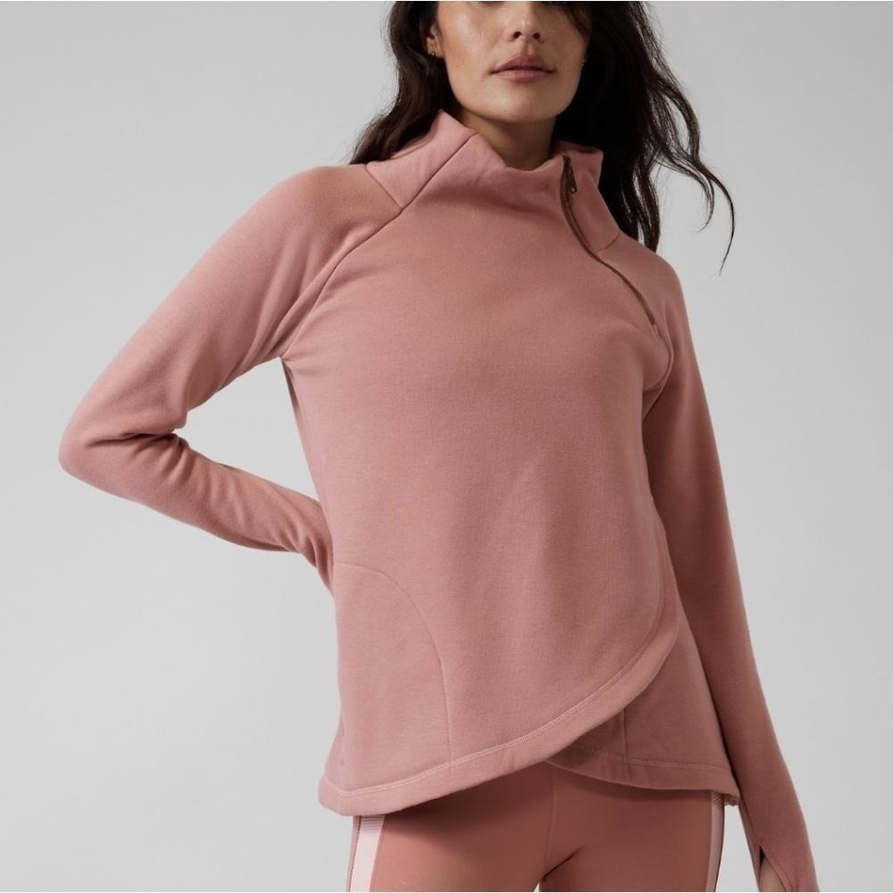 Athleta‎ Cozy Karma Asymmetrical Pullover Mauve Pink Fleece Zipper Size XS